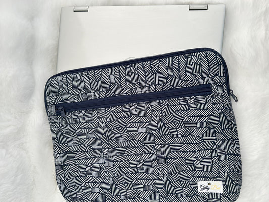 Navy Blue patterned Laptop sleeve on a white surface